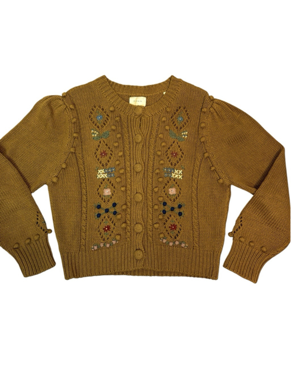 RARE DÔEN Forget Me Not Embroidered Floral Bobble Knit Cardigan Sweater Tan XL - Picture 14 of 14